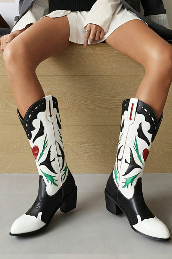 Embroidered Mid-Calf Boots