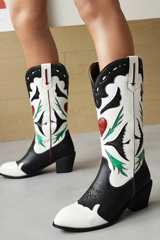 Embroidered Mid-Calf Boots