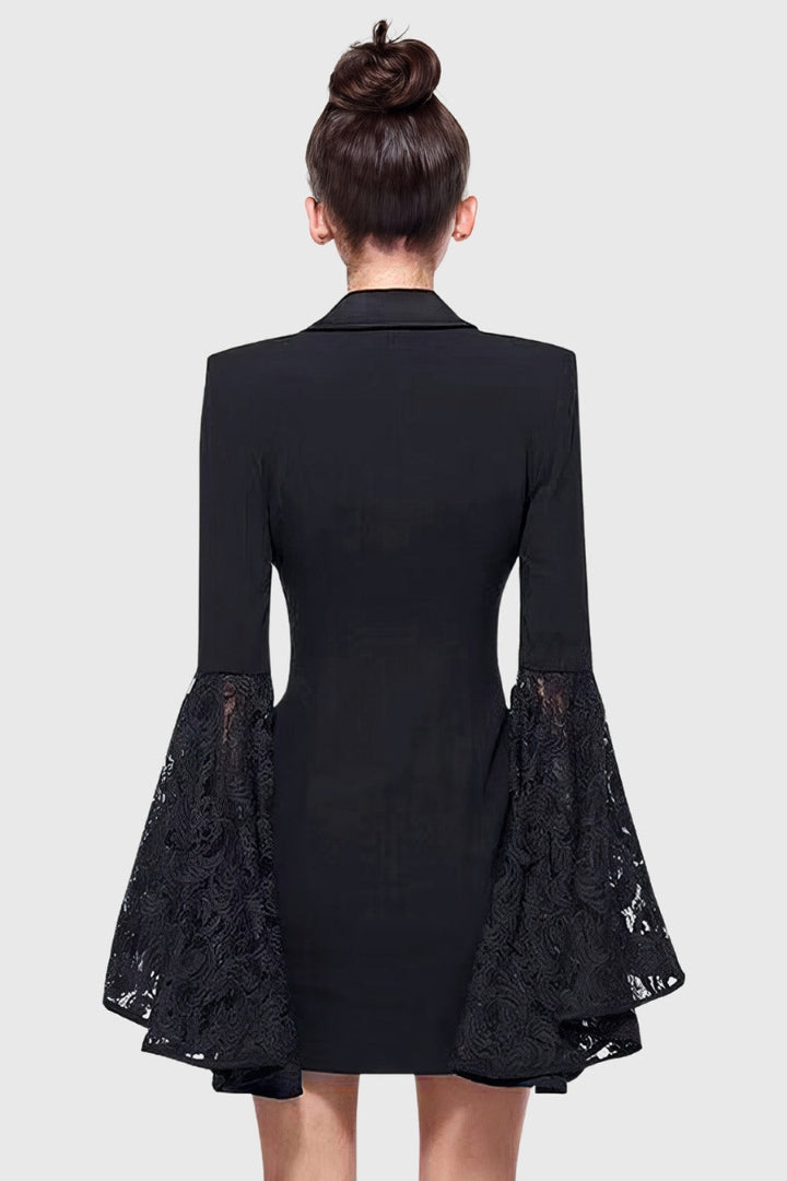 BLAZER DRESS WITH LACE SLEEVES - BLACK