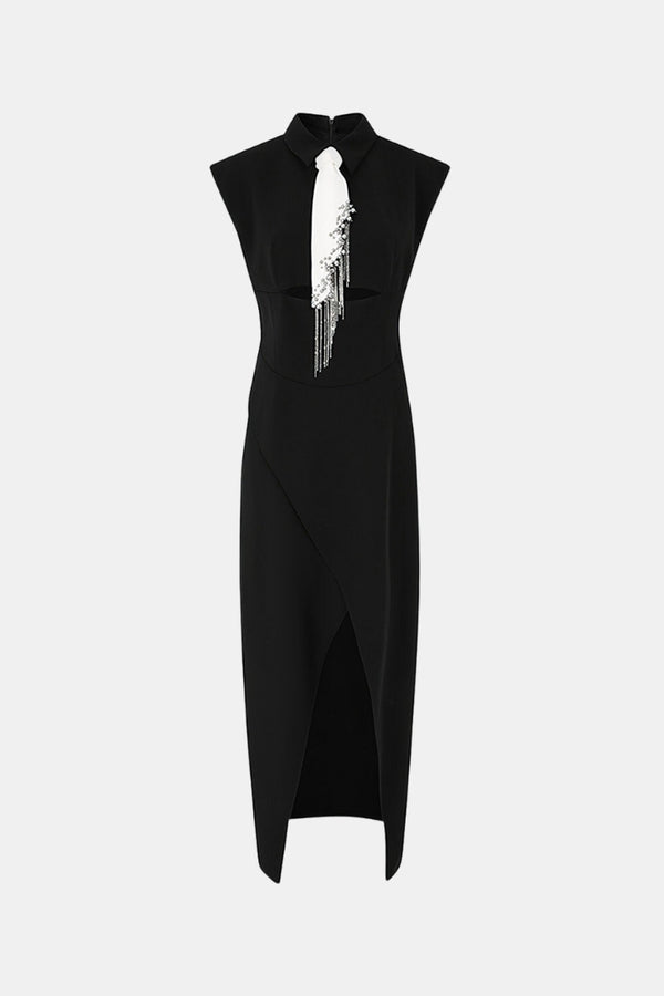 MIDI DRESS WITH TIE DETAIL - BLACK