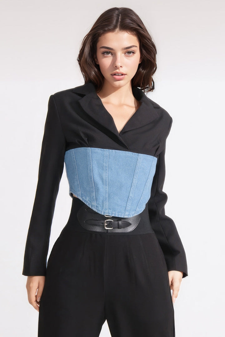 CROPPED BLAZER WITH DENIM CORSET AT WAIST - BLACK