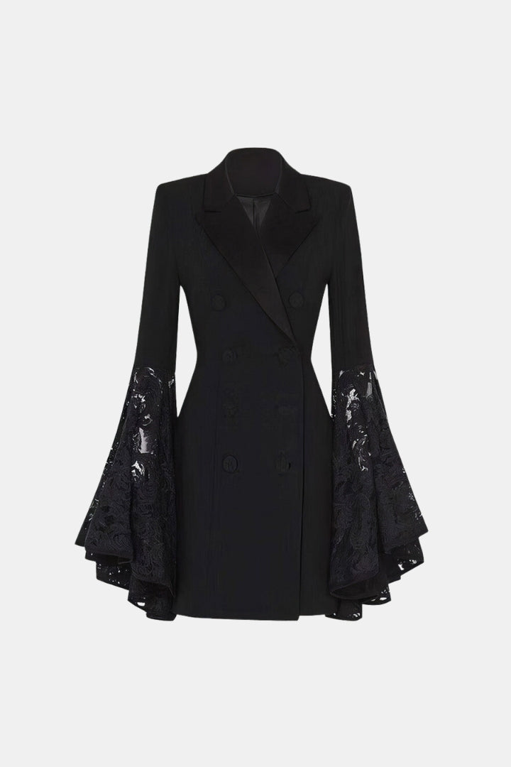 BLAZER DRESS WITH LACE SLEEVES - BLACK