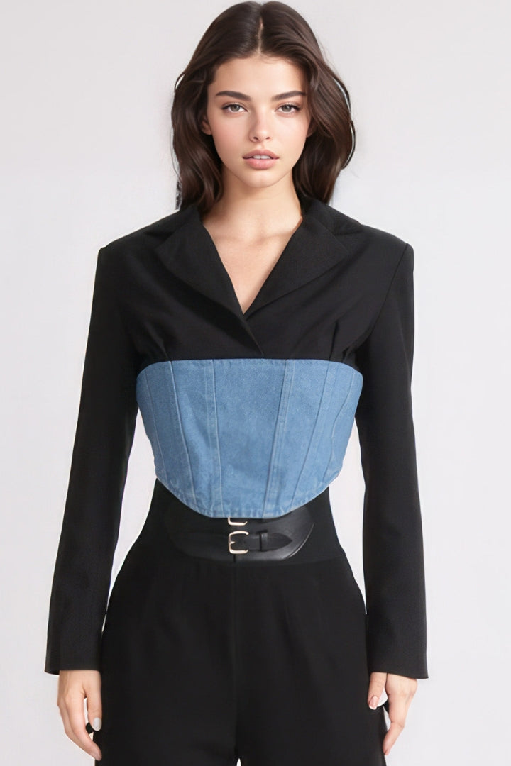 CROPPED BLAZER WITH DENIM CORSET AT WAIST - BLACK