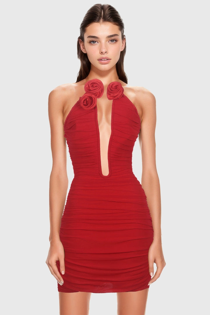 MINI DRESS WITH ROSES - RED