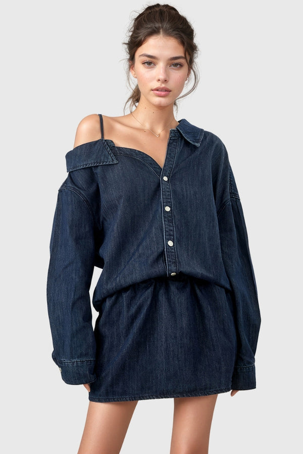 OFF SHOULDER DENIM DRESS - DARK BLUE