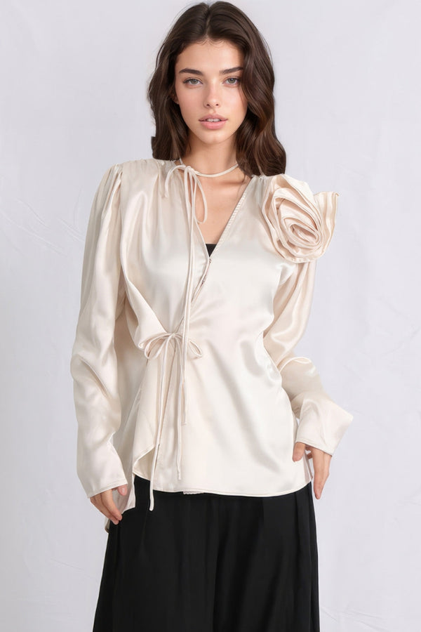 ELEGANT SHIRT WITH FLOWER DETAIL - BEIGE